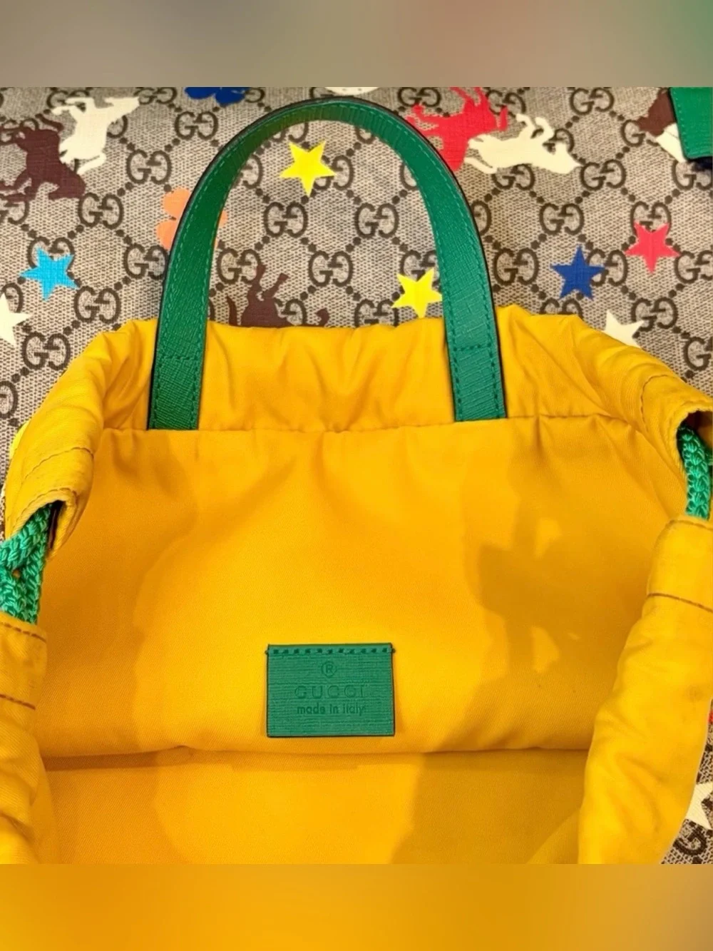 EUC! GUCCI Kids Beige GG Canvas Backpack with Yellow Trim & Multicolor Icons🐴⭐️